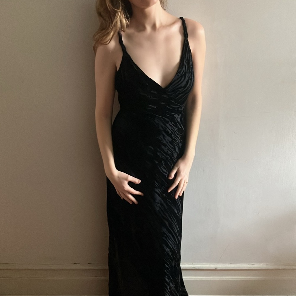 Black Silk Calvin Klein Velvet Burnout Sleeveless Lined Maxi Evening Dress Sz 4